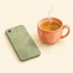 裏返した緑のスマートフォンと湯気が立つ温かいお茶