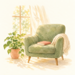 窓辺の一人掛け椅子に本を置き、植木を添えた水彩イラスト