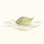 小さな波に穏やかに浮かぶ一枚の葉の水彩イラスト