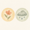 別々の柔らかい円の中に並ぶ花と雨雲の水彩画