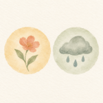 別々の柔らかい円の中に並ぶ花と雨雲の水彩画