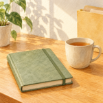 木漏れ日の差す机に置かれた、緑色の閉じたノートとお茶のカップの水彩イラスト