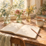窓辺の机に三つの花瓶と開いたノート、鉛筆、お茶のカップを並べた水彩イラスト