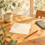木漏れ日の差す机に白い便箋と鉛筆、伏せたスマートフォン、お茶のカップが並ぶ水彩イラスト