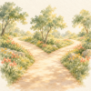 木漏れ日の中でゆるやかに二つに分かれ、どちらの道にも花が咲く小道の水彩画。