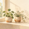 日差しの入る窓辺に並ぶ、葉の形が異なる二つの鉢植えの水彩イラスト