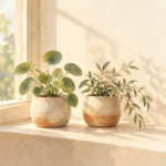 日差しの入る窓辺に並ぶ、葉の形が異なる二つの鉢植えの水彩イラスト